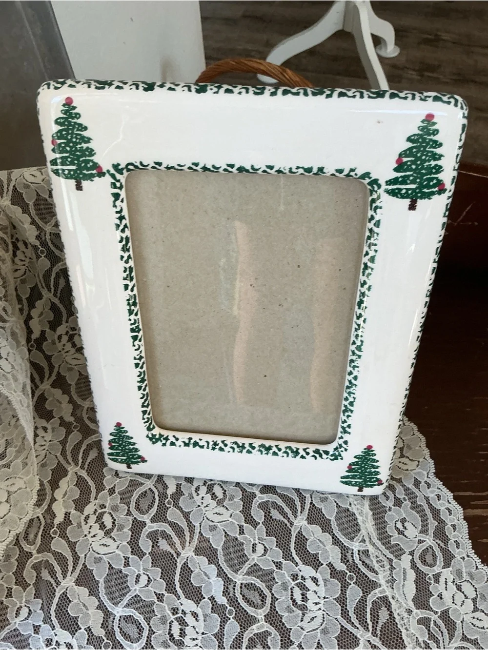 White Picture Frame with Green Christmas Tree Accents -